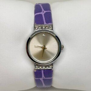 Women’s wrist watch 22mm silver tone case rhinestones quartz purple band running